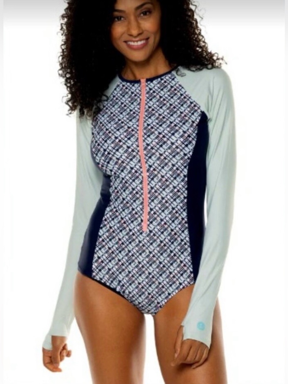 COOLIBAR UPF 50+ Long Sleeve Zip-up Swimsuit Crewneck Navy|Blue|Stripe Large